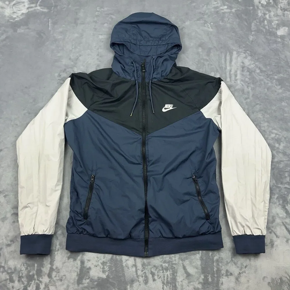 Nike Windrunner Jacket Mens M Black Blue Colorblock Full Zip Hooded Windbreaker